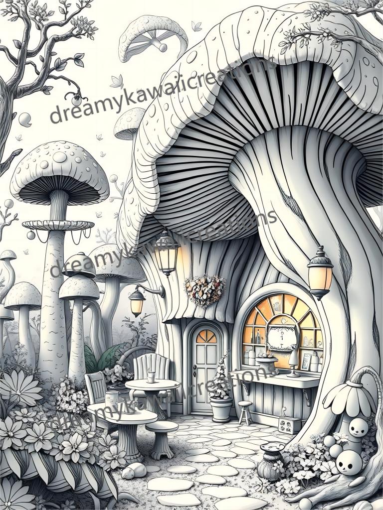 mushroom houses-15 pagine da colorare scala di grigi chiari