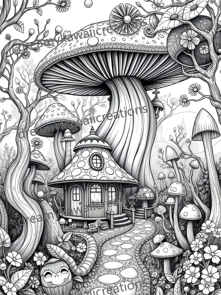 mushroom houses-15 pagine da colorare scala di grigi chiari