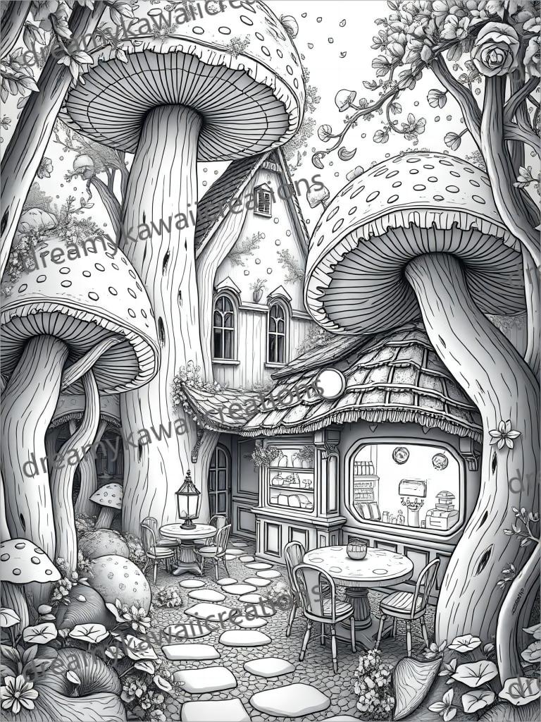 mushroom houses-15 pagine da colorare scala di grigi chiari