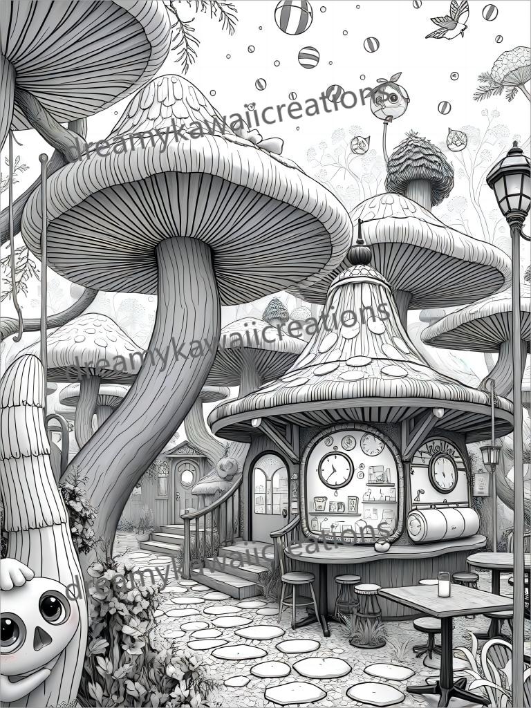 mushroom houses-15 pagine da colorare scala di grigi chiari