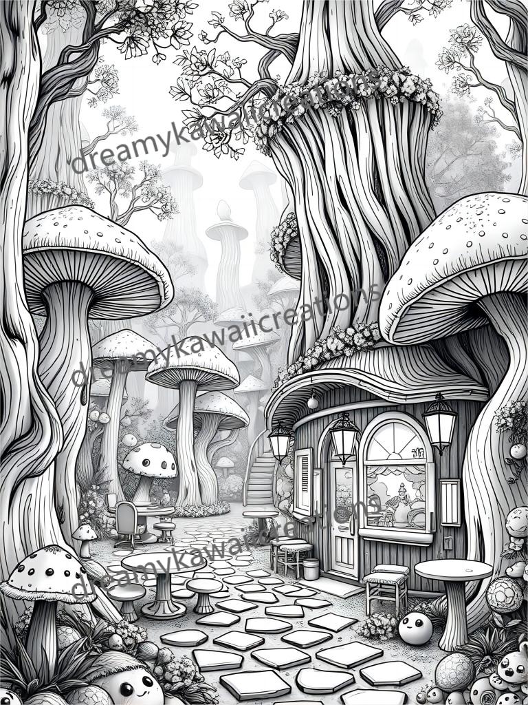 mushroom houses-15 pagine da colorare scala di grigi chiari