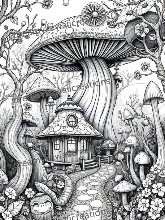 mushroom houses-15 pagine da colorare scala di grigi chiari