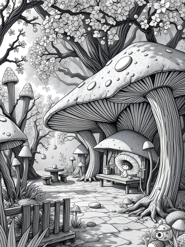 mushroom houses-15 pagine da colorare scala di grigi chiari