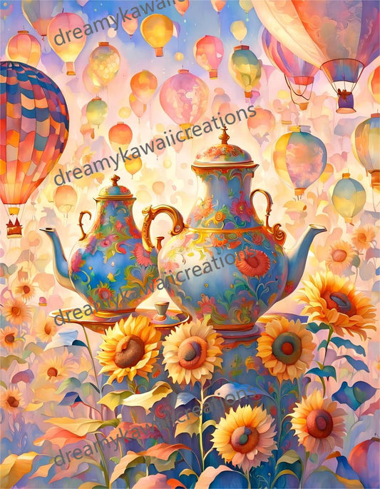 teiere, mongolfiere e girasoli: 13 Clip Art PNG stravaganti e romantiche con colori vivaci blu  e arancio-ultra alta definizione