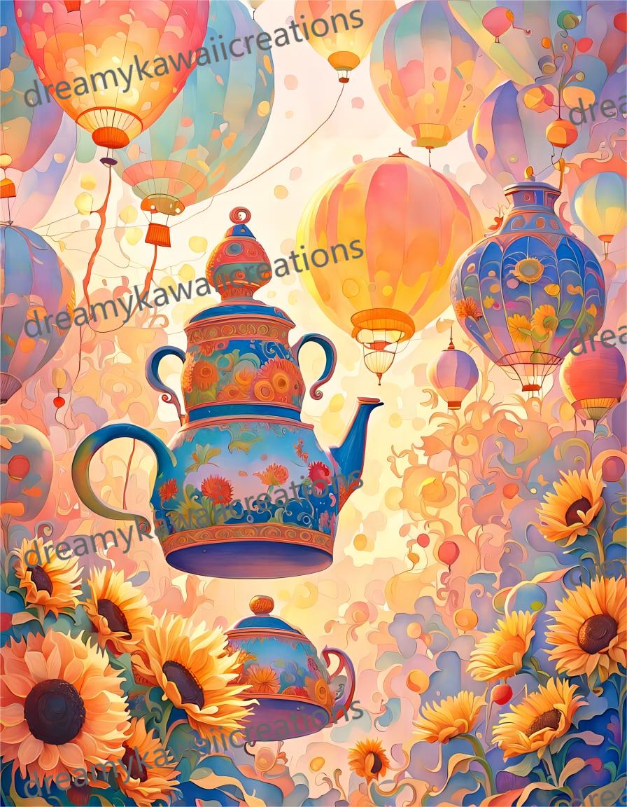teiere, mongolfiere e girasoli: 13 Clip Art PNG stravaganti e romantiche con colori vivaci blu  e arancio-ultra alta definizione